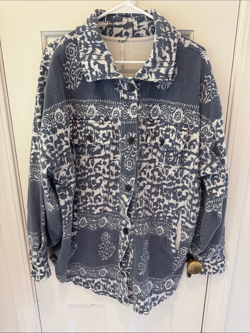 Free People Blue and White Patterned Button-Up Shacket